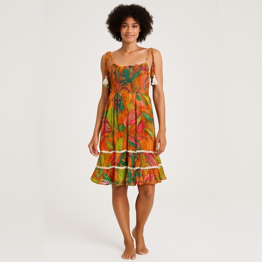 True Destination Boho Tropical Tassel Strap Dress – Size M